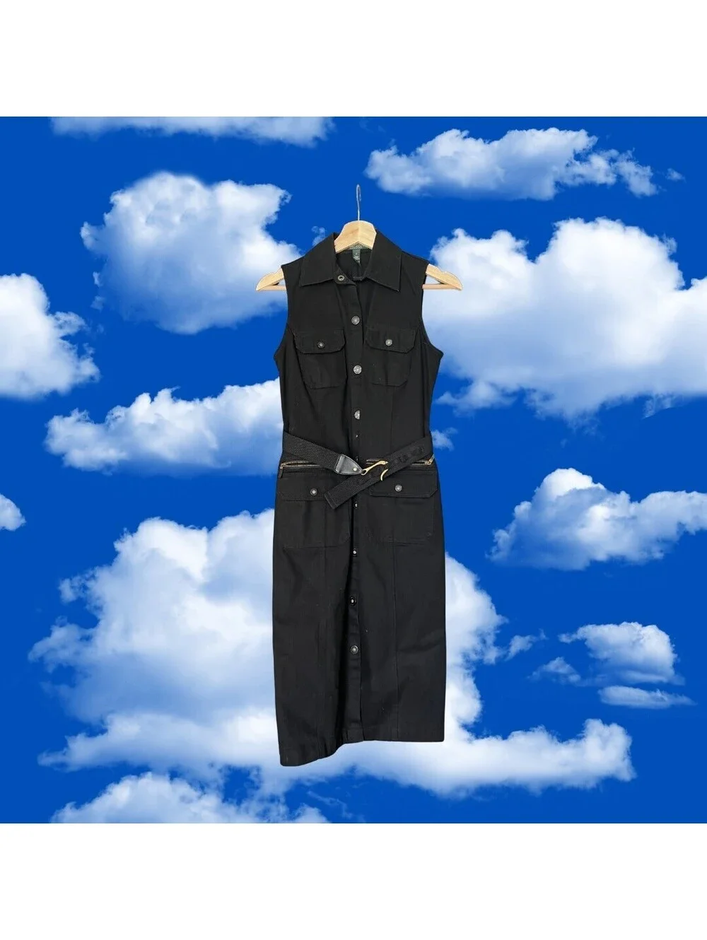 Vintage Ralph Lauren Black Denim Sleeveless Button-Up Midi Dress with Belt - Picture 5 of 5